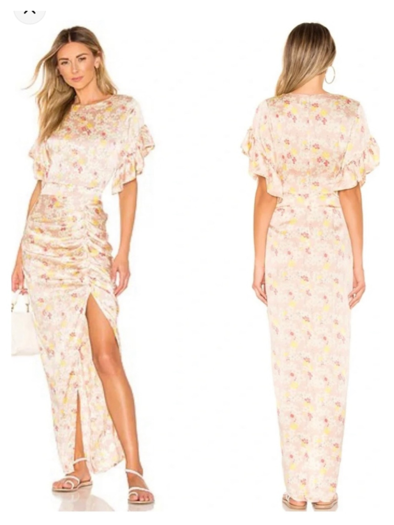 Acacia Luau Beige Floral Cherry Blossom Silk Ruched Maxi Dress Large Summer Day